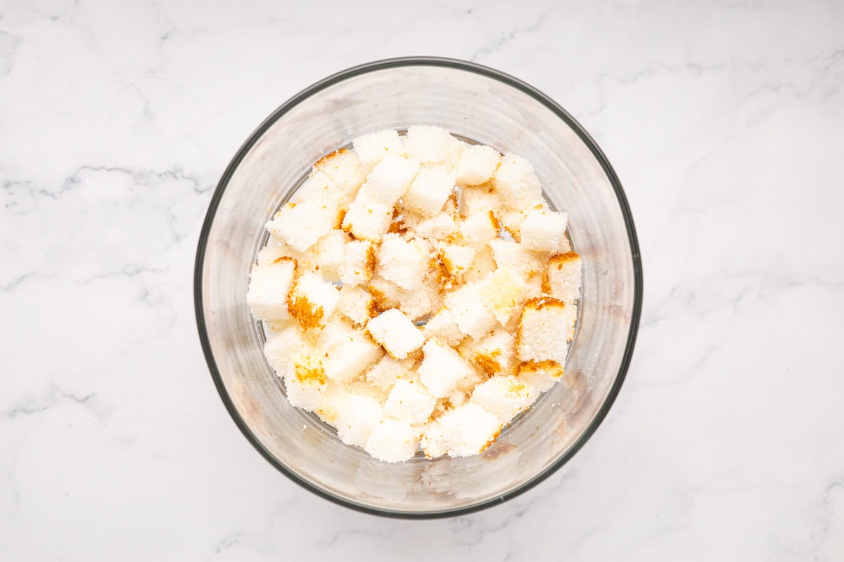 Angle Food Cake layer added to the trifle bowl.