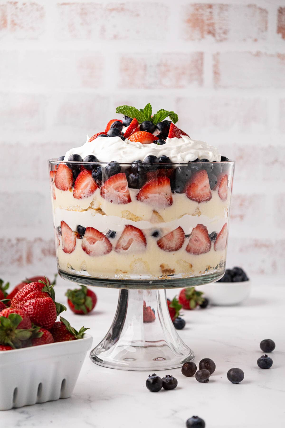 A red white and blueberry trifle with angle food cake.