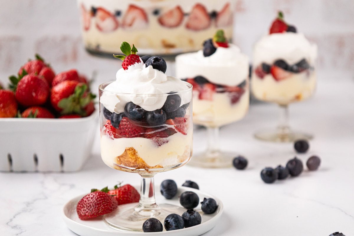 Patriotic trifle in individual dessert bowls.