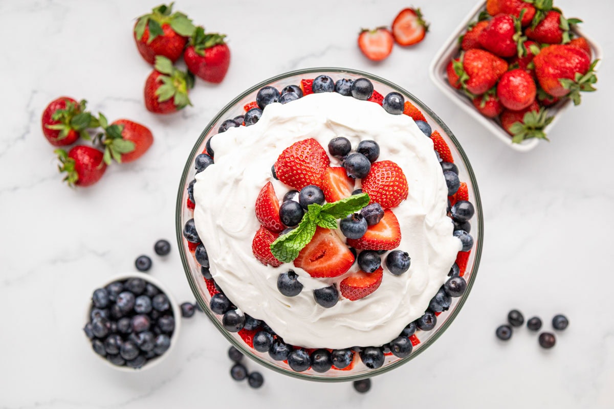 Overhead image of the top of the 4th of July trifle decorated.