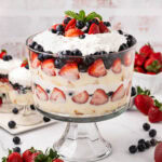 A red white and blueberry trifle with angle food cake.