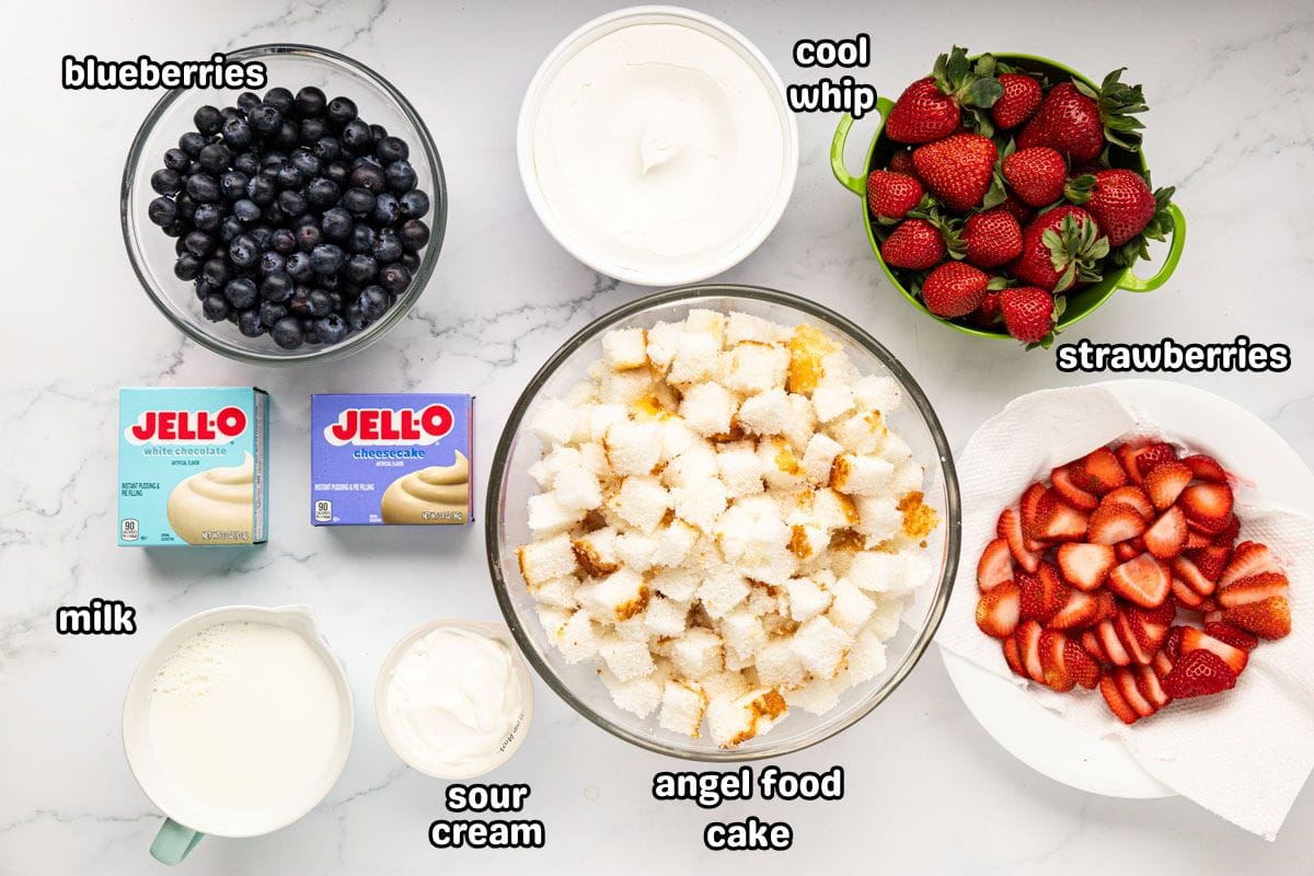A labeled image of ingredients needed to make a angel food berry trifle.