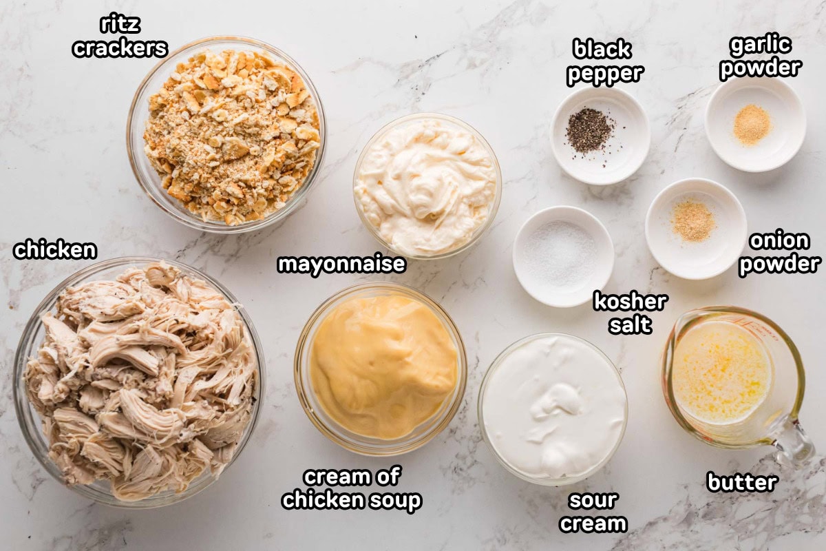 Ingredients needed to make Ritz cracker chicken casserole.