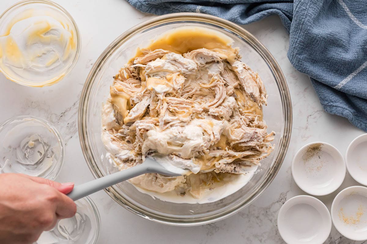 Mixing shredded chicken with spices, cream of chicken soup, mayo, and sour cream.