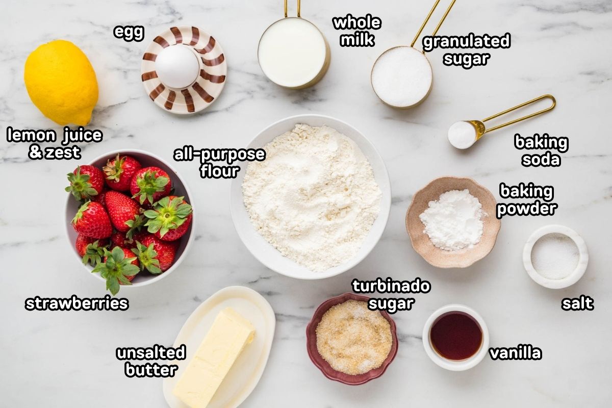 Ingredients needed to make bakery style strawberry muffins.