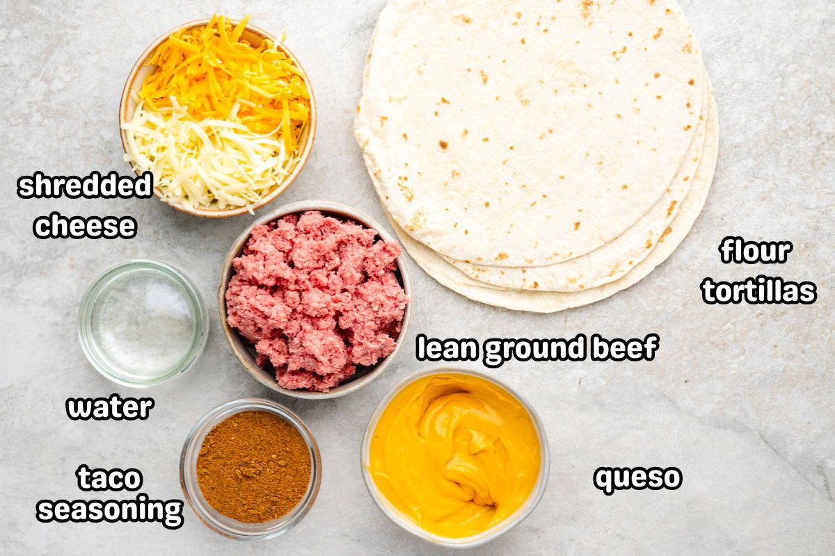 Ingredients needed to make homemade taco casserole with tortillas.
