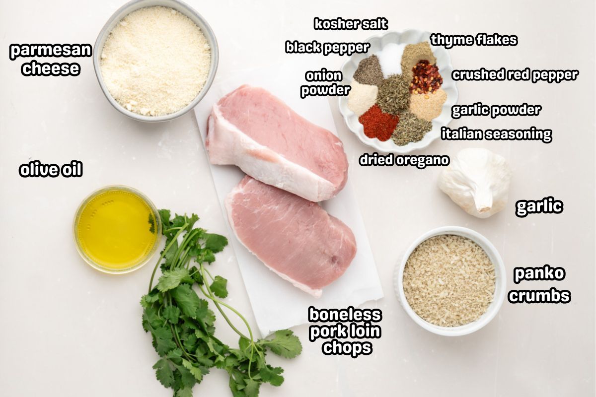 Ingredients needed to make baked parmesan crusted pork chops.