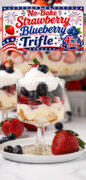 Red, White & Blue Trifle with strawberries, blueberries and angel food cake. Pinterest image