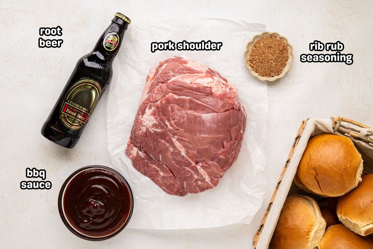 A labeled image of ingredients needed to make root beer pulled pork.