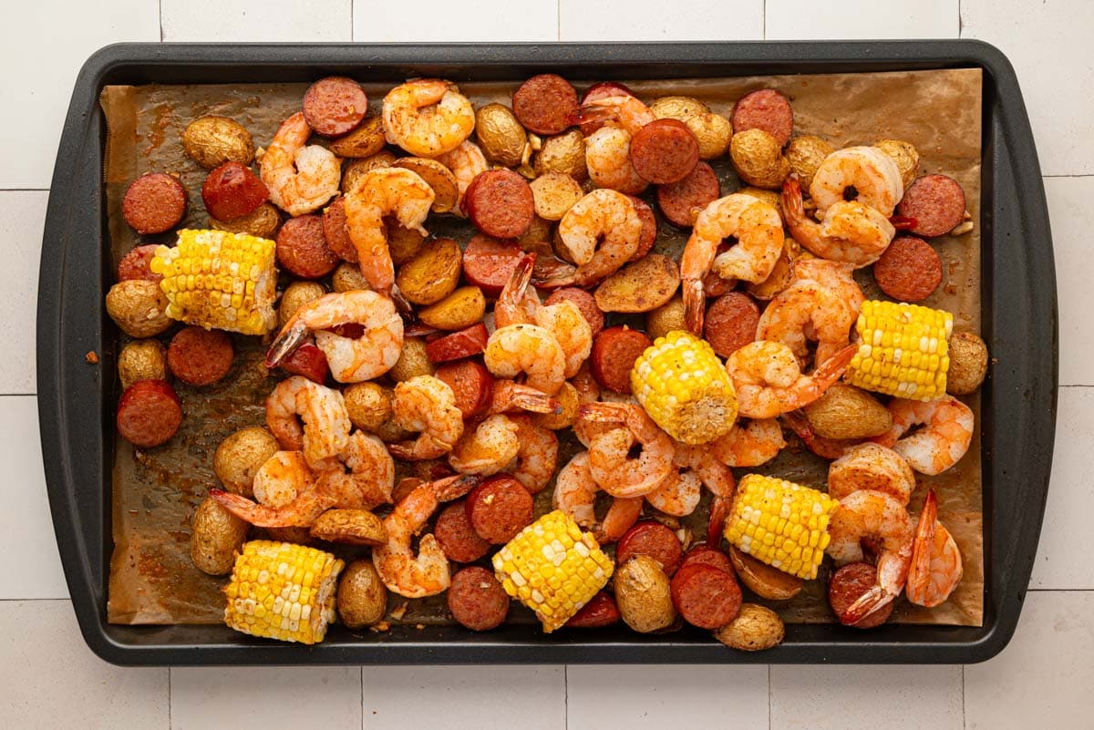 Full Sheet Pan shrimp boil after the shrimp have been cooked.