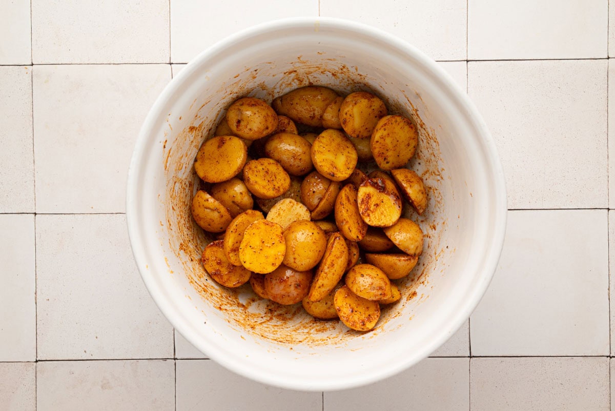 Potatoes tossed in olive oil and seasonings.