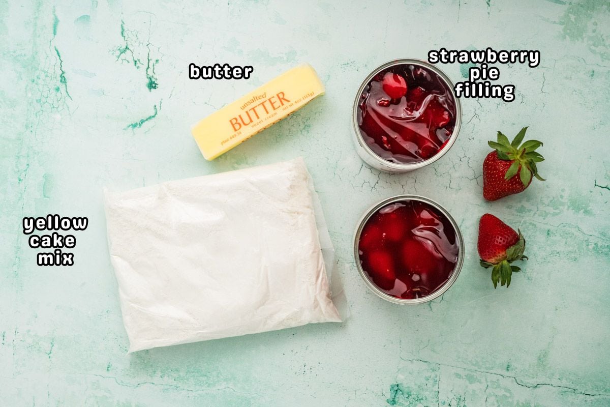Ingredients needed to make strawberry dump cake.