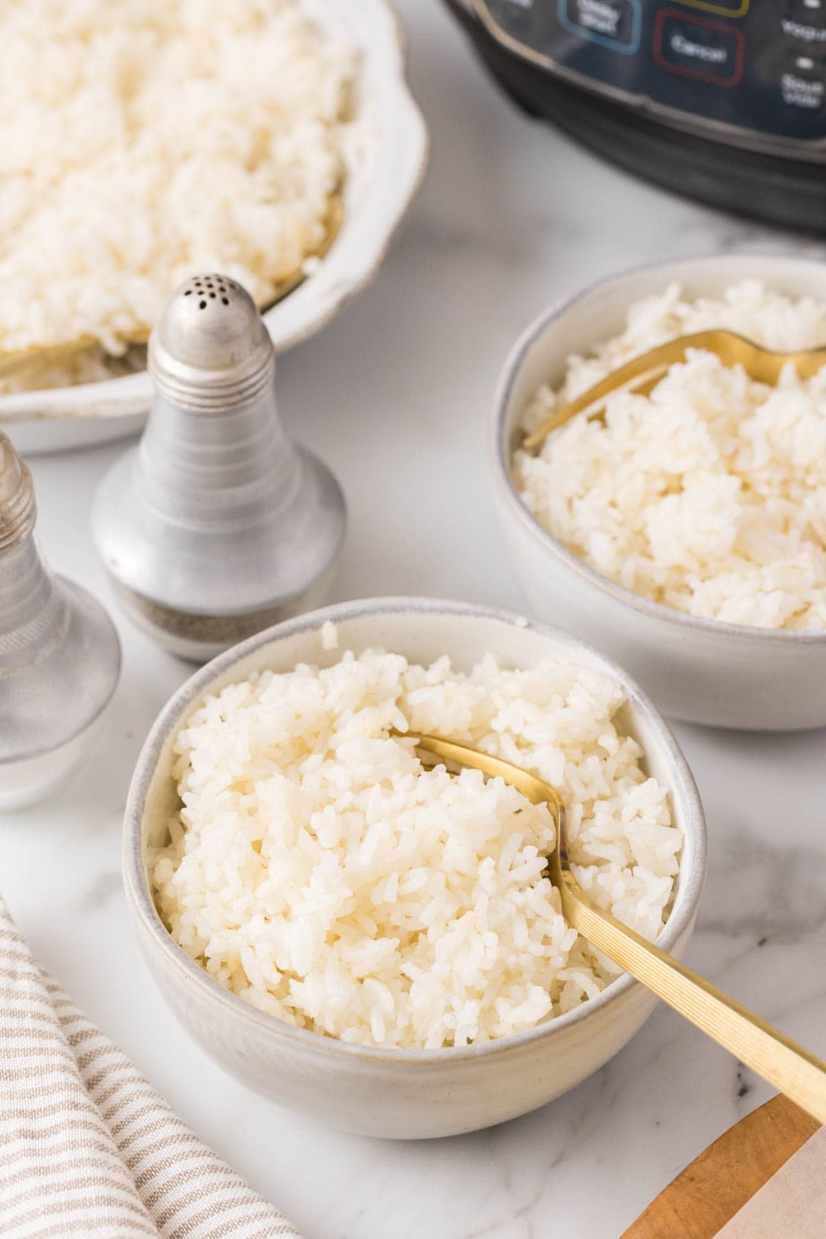 Two bowls of white rice with an instant pot in the background.