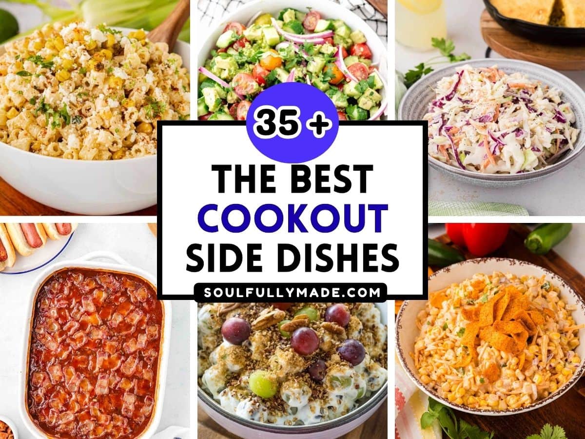 A collage image with text overlay for a recipe collection of 35 plus of the best cookout side dish recipes.