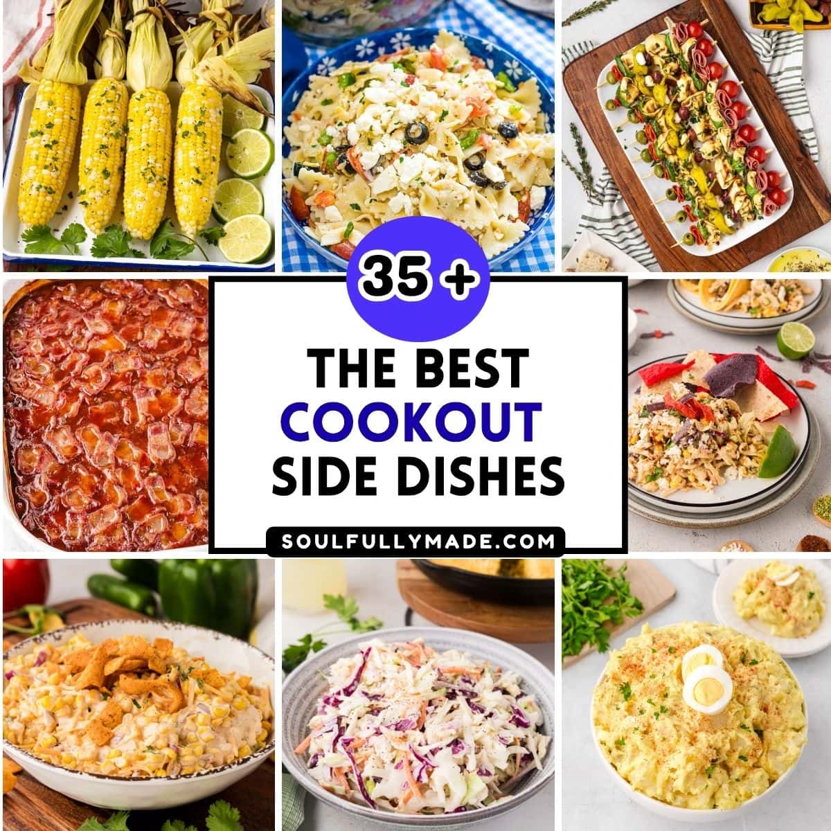A collage image with text overlay for a recipe collection of 35 plus of the best cookout side dish recipes.