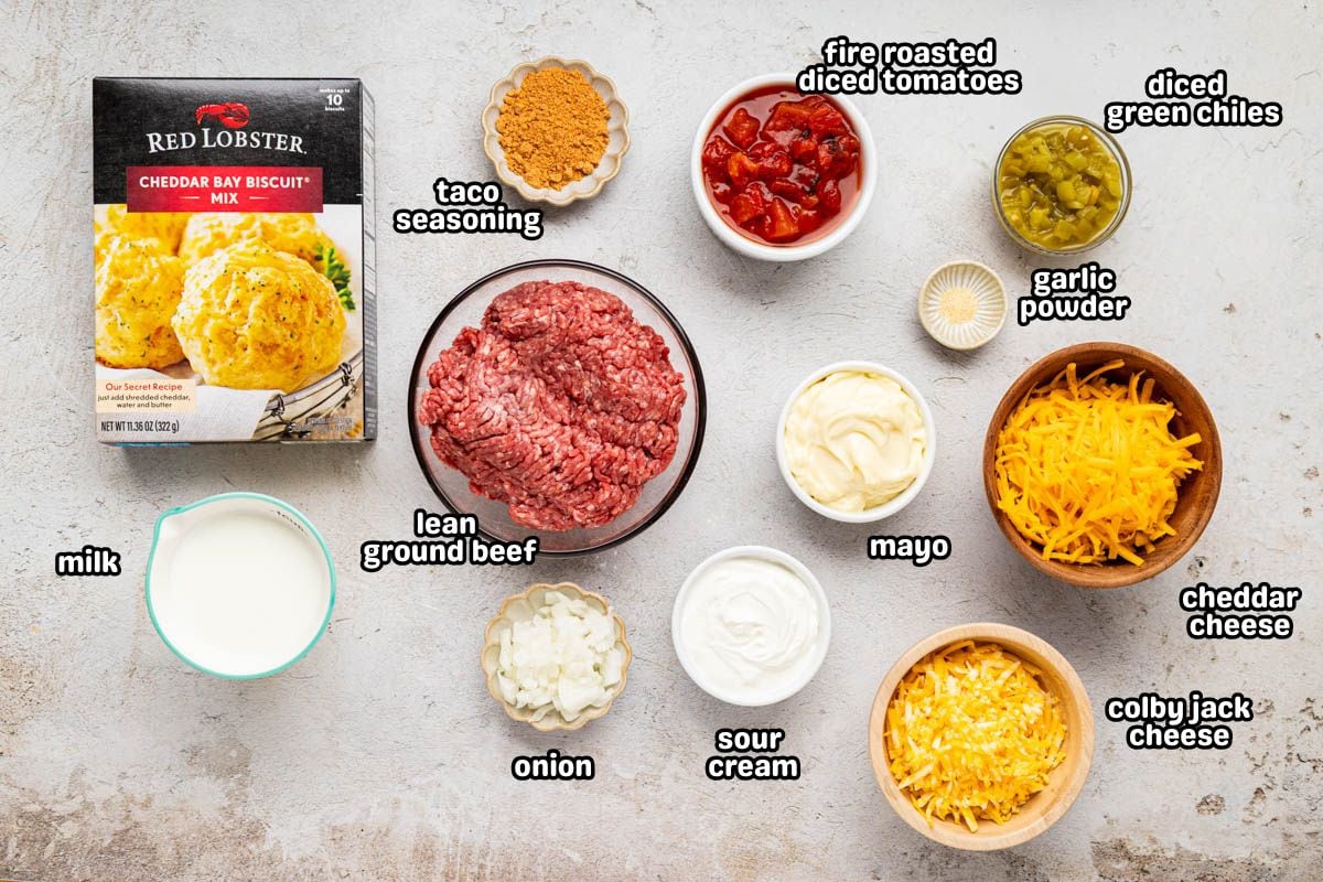 A labeled image of ingredients needed to make cattle drive casserole.