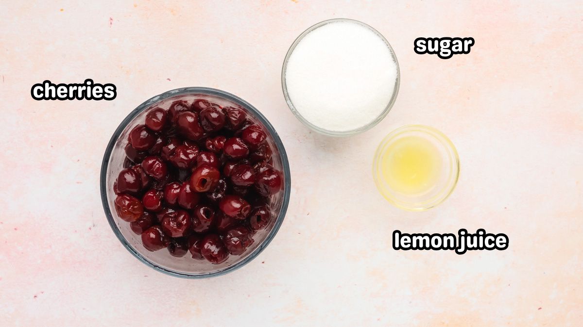Ingredients needed to make cherry jam.