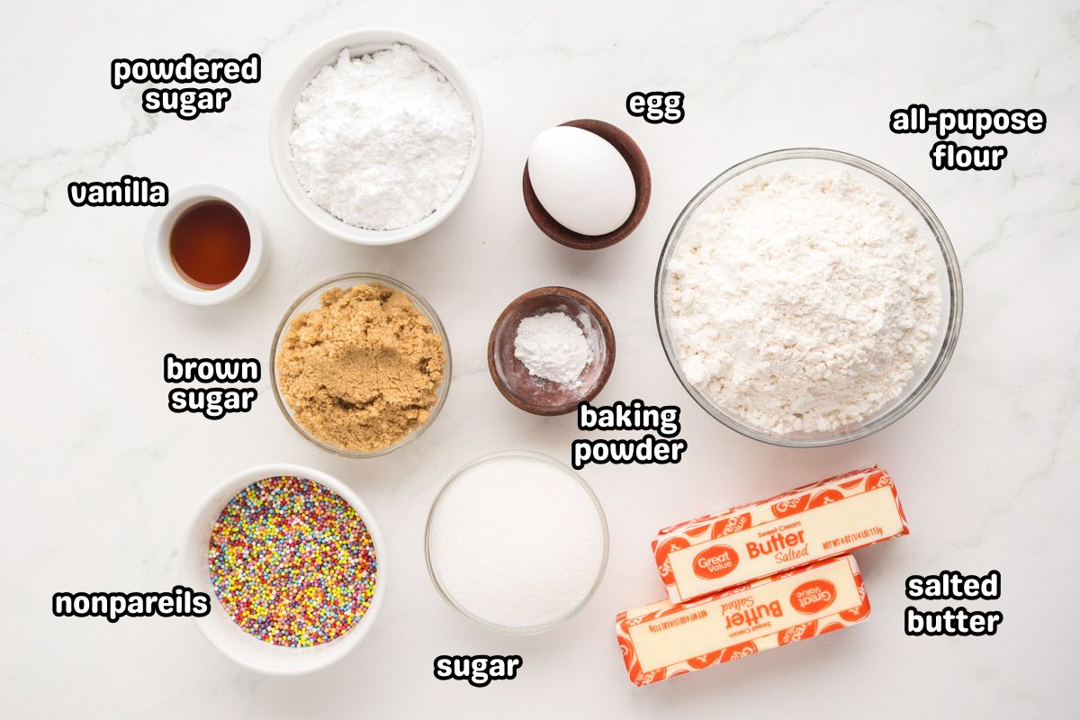 Ingredients needed to make dot cake cookies.