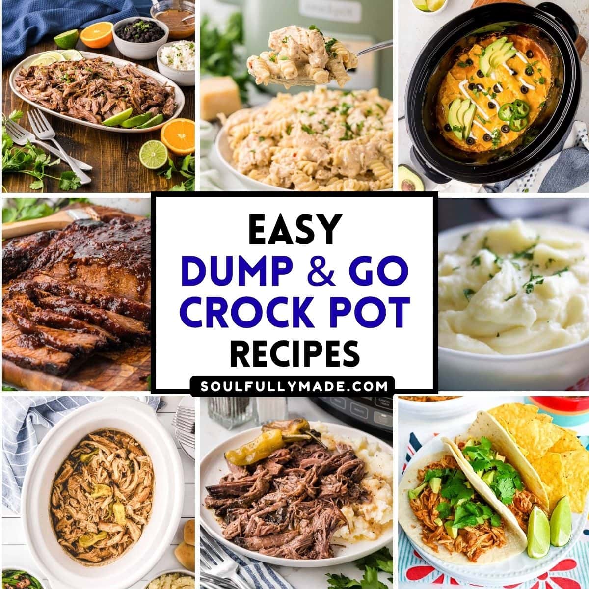 A 9 image collage of easy dump and go slow cooker meals.