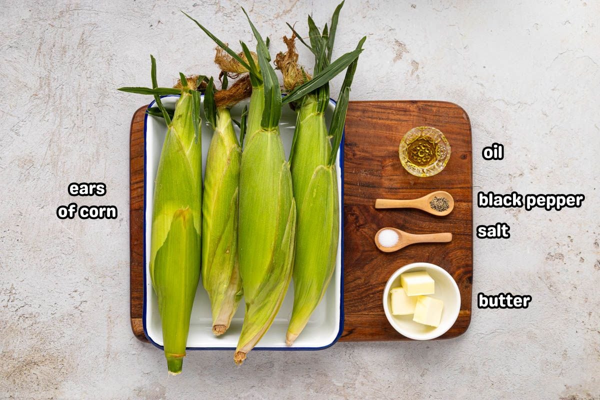 A labeled image of ingredients needed to make grilled corn on the cob.
