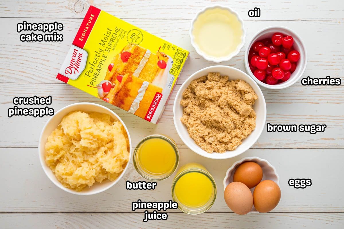 A labeled image of ingredients needed to make pineapple upside down cupcakes.
