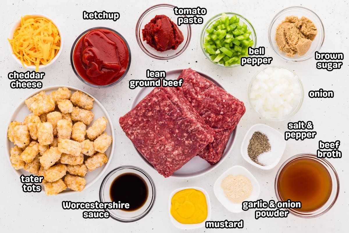 Ingredients needed to make sloppy joe tater tot casserole.