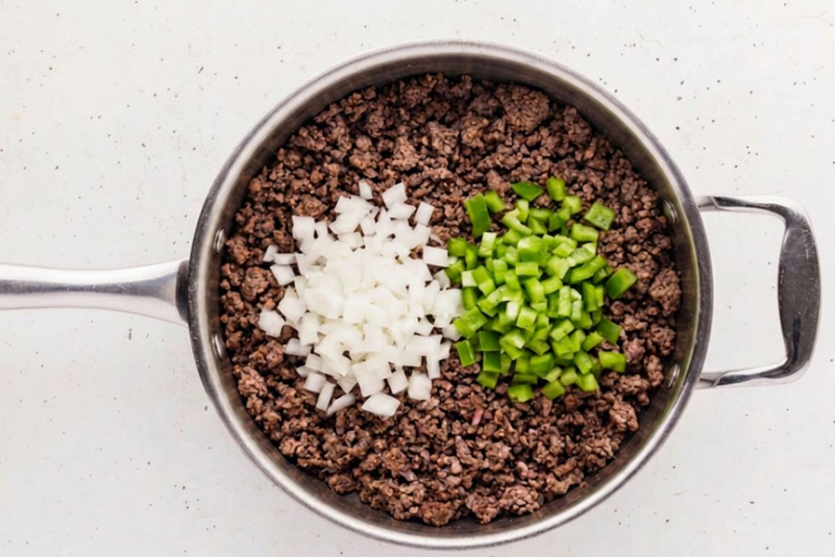 Browned ground beef in a skillet with onions and green bell pepper added.