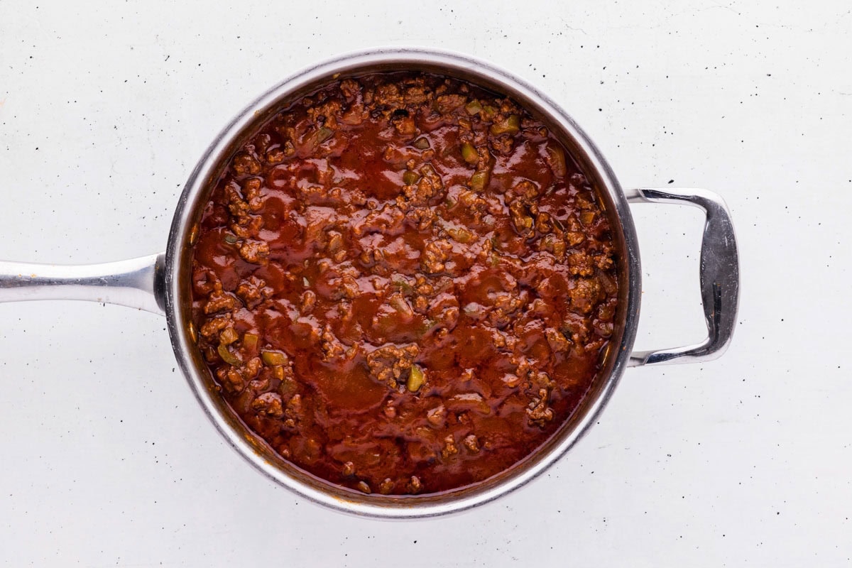 Sloppy joe ground beef mixture in a skillet.