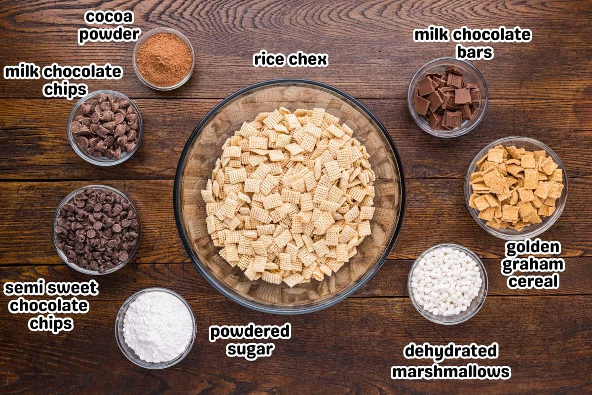 Ingredients needed to make s'mores muddy buddies.