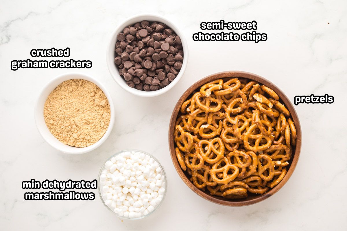 Ingredients needed to make s'mores pretzels.
