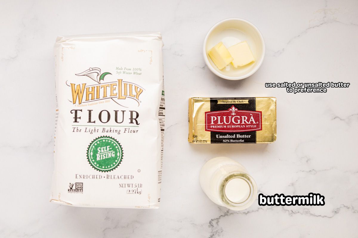 A labeled image of ingredients needed to make southern buttermilk biscuits.