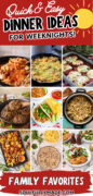 A collage image with text 35 plus recipes for back back to school dinners.