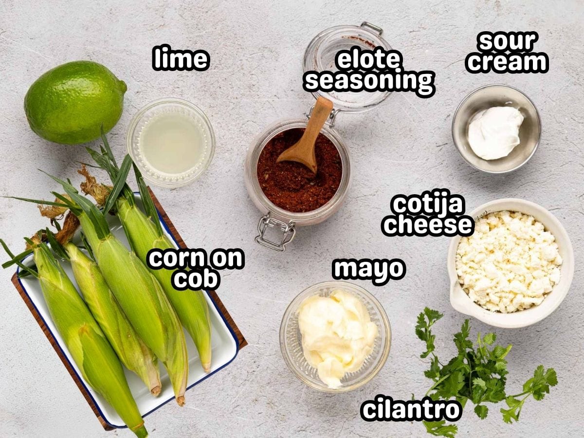 A labeled image of ingredients needed for elote street corn.