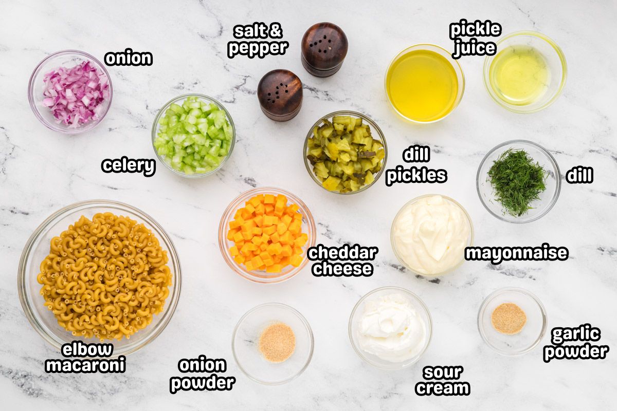 Ingredients needed to make dill pickle pasta salad.
