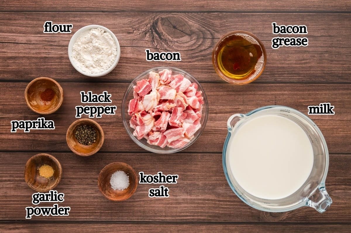 A labeled image of the ingredients needed to make bacon grease gravy.