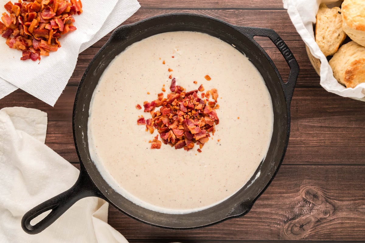 Crumbled bacon pieces added to the bacon gravy.