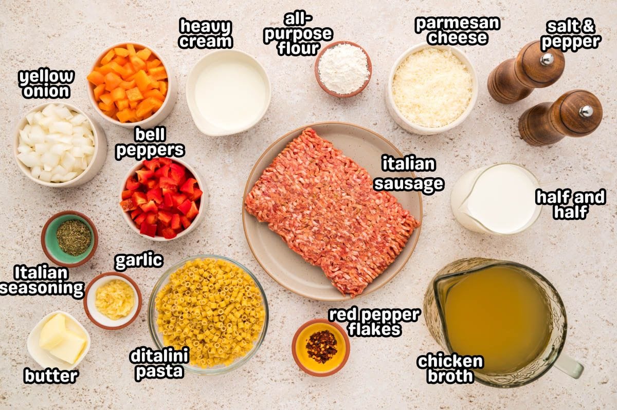 Ingredients needed to make creamy italian sausage soup.