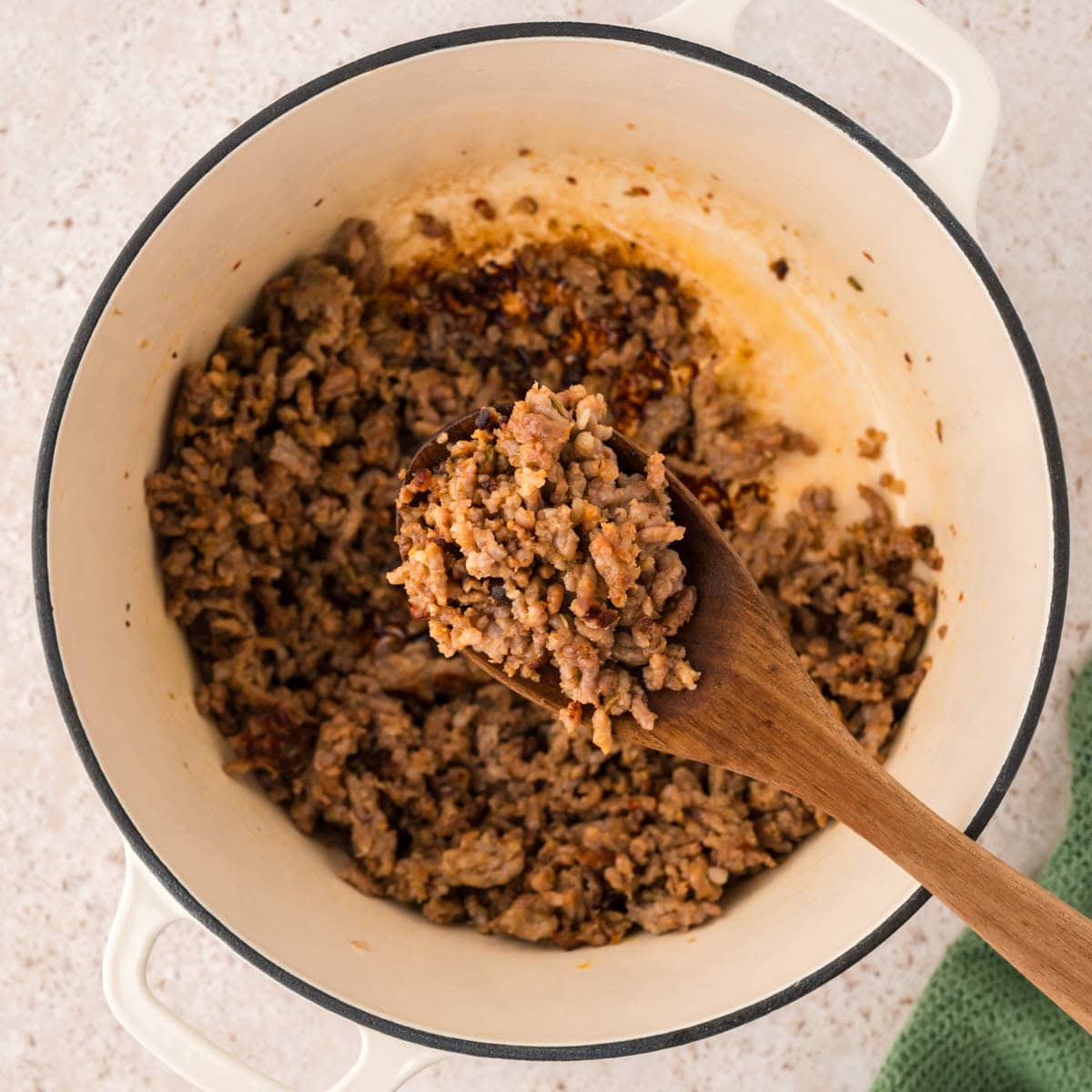 Italian sausage cooked in a dutch oven.