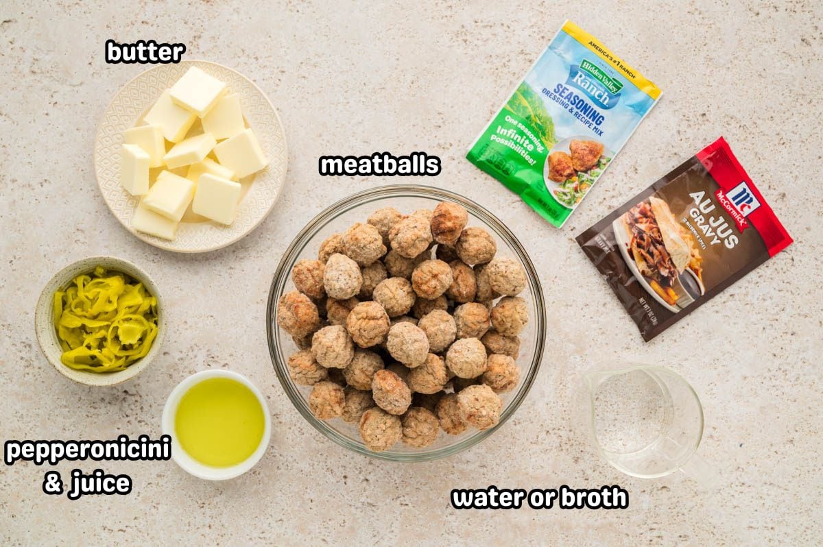 Ingredients needed to make Mississippi meatballs in the crockpot.
