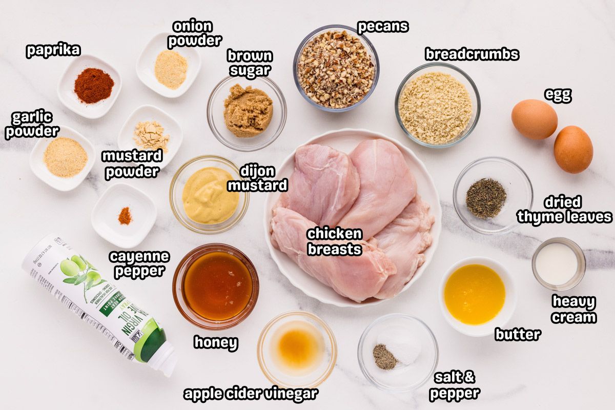 Ingredients needed to make pecan crusted chicken.