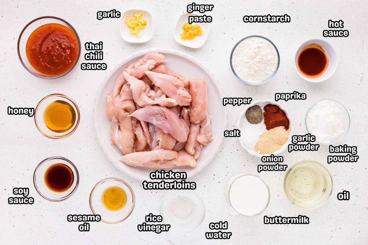 Ingredients needed to make sweet chili chicken tenders.