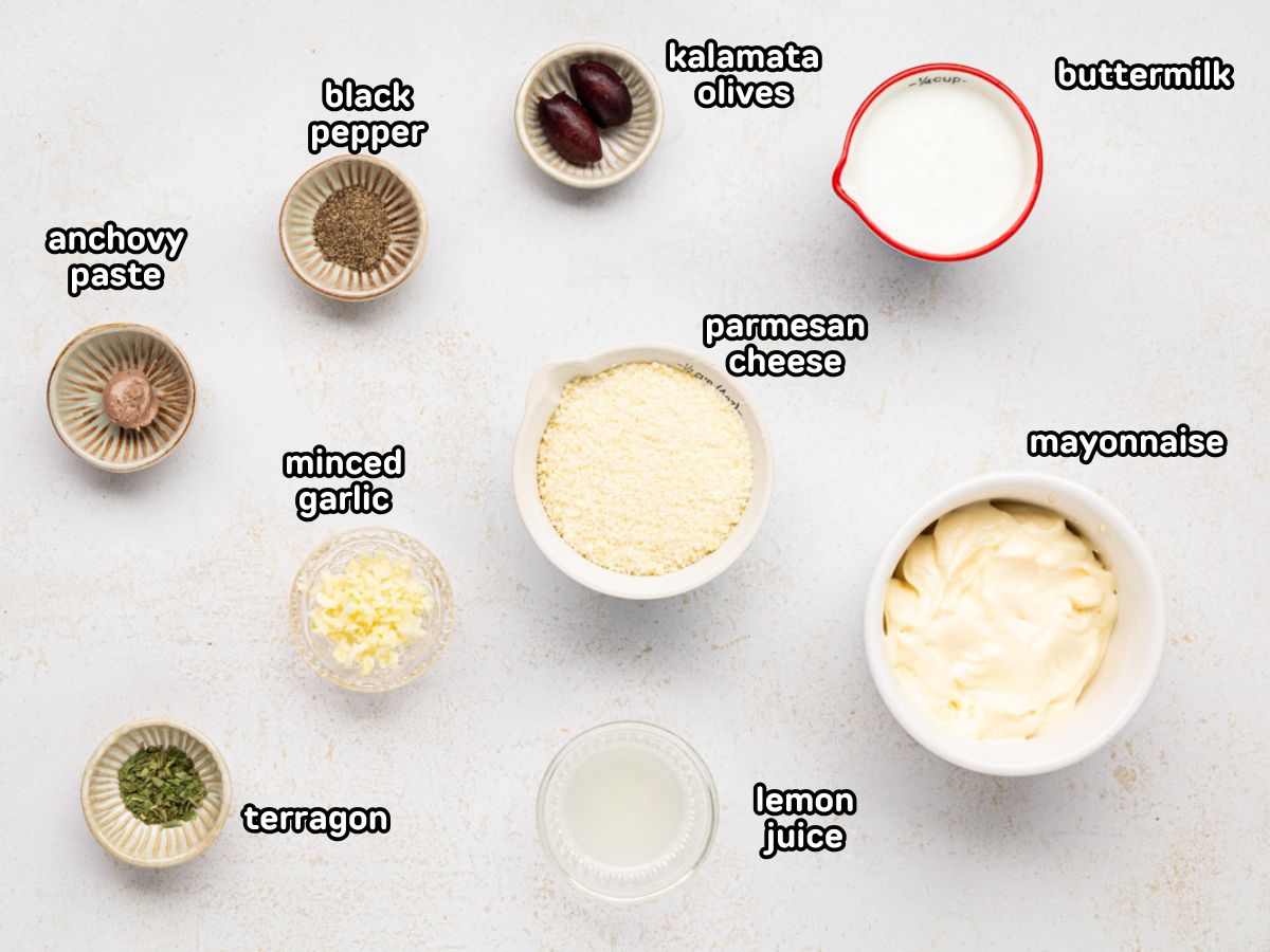 A labeled image of ingredients needed to make creamy parmesan dressing.