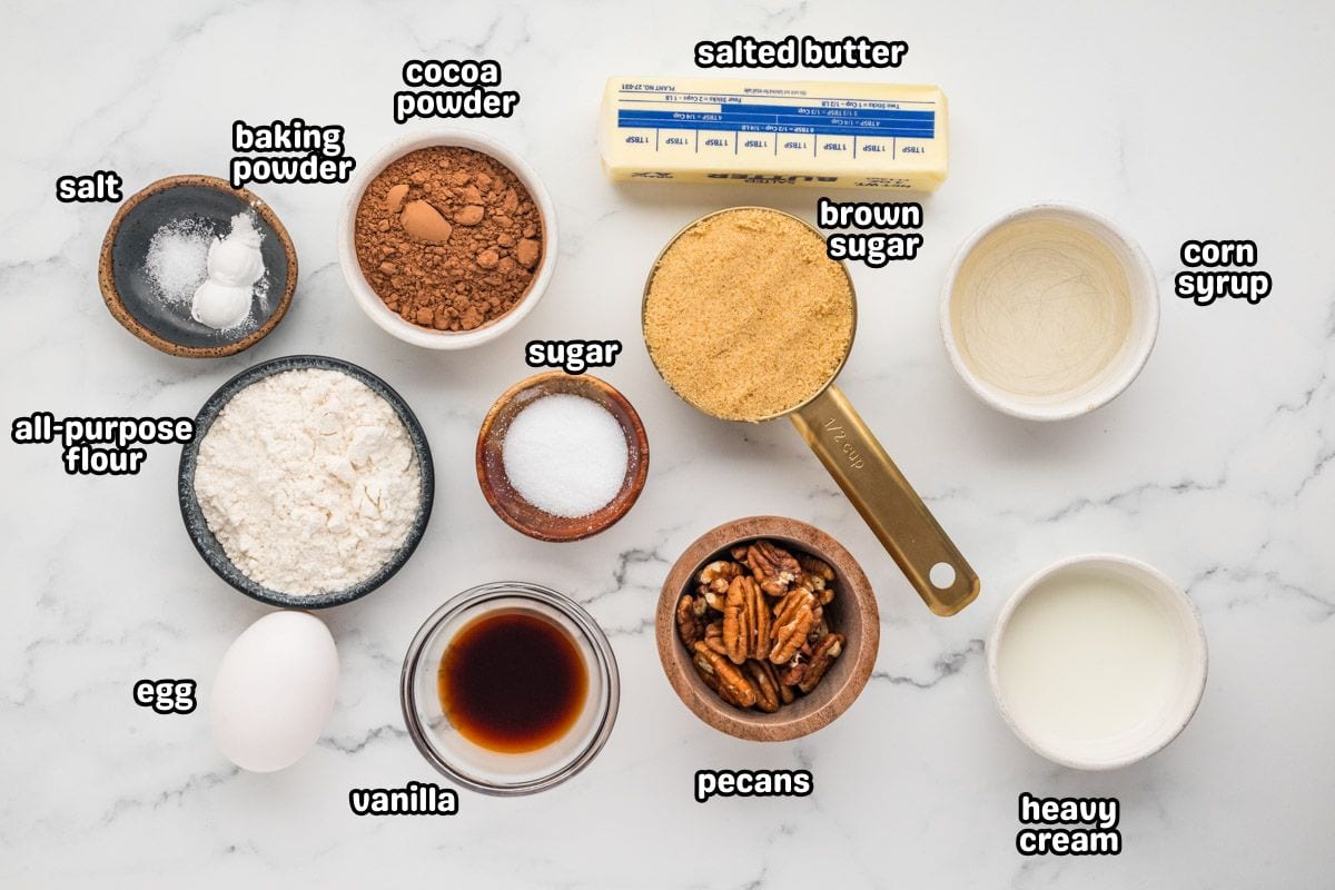 Ingredients needed to make pecan pie brownies.