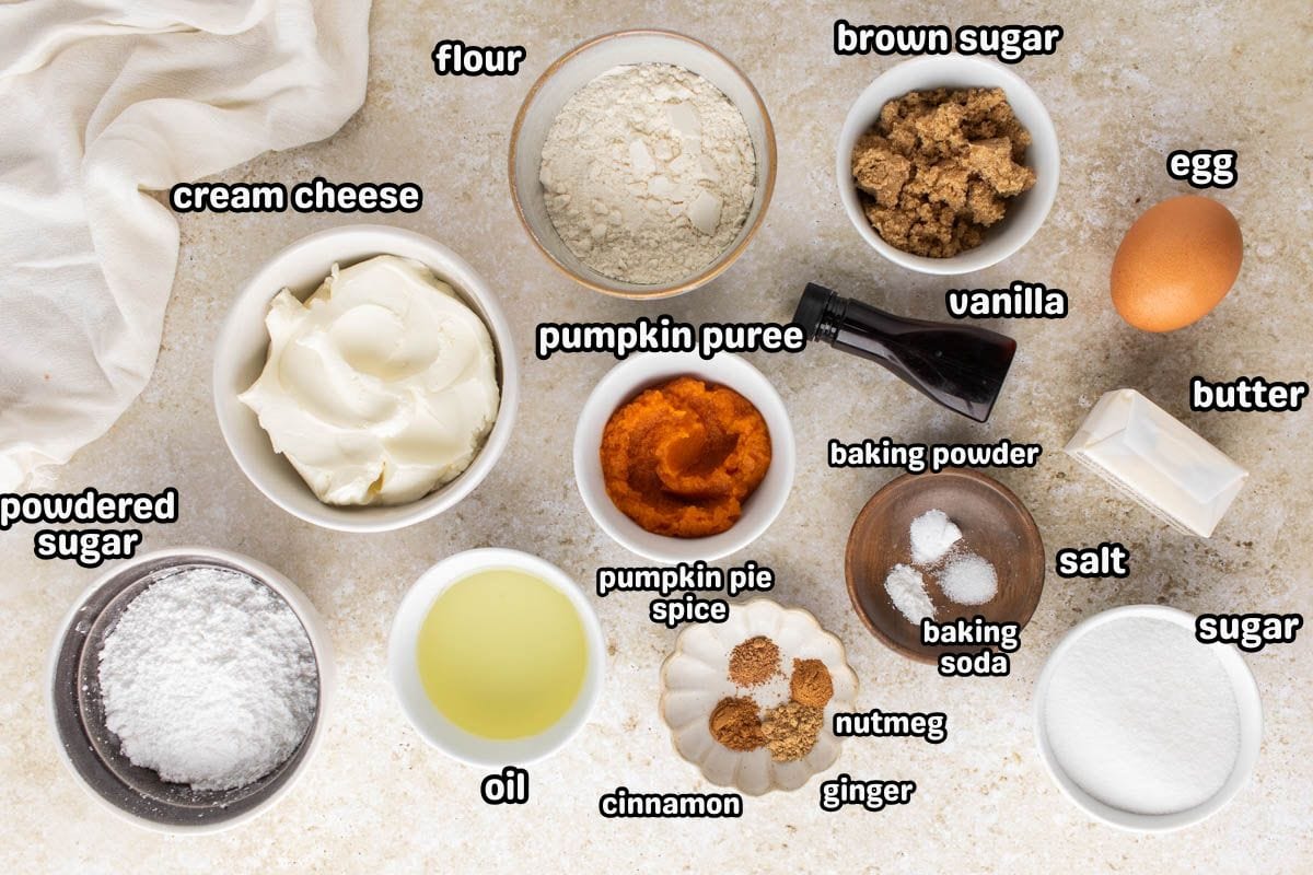 Ingredients needed to make pumpkin bars with cream cheese frosting.