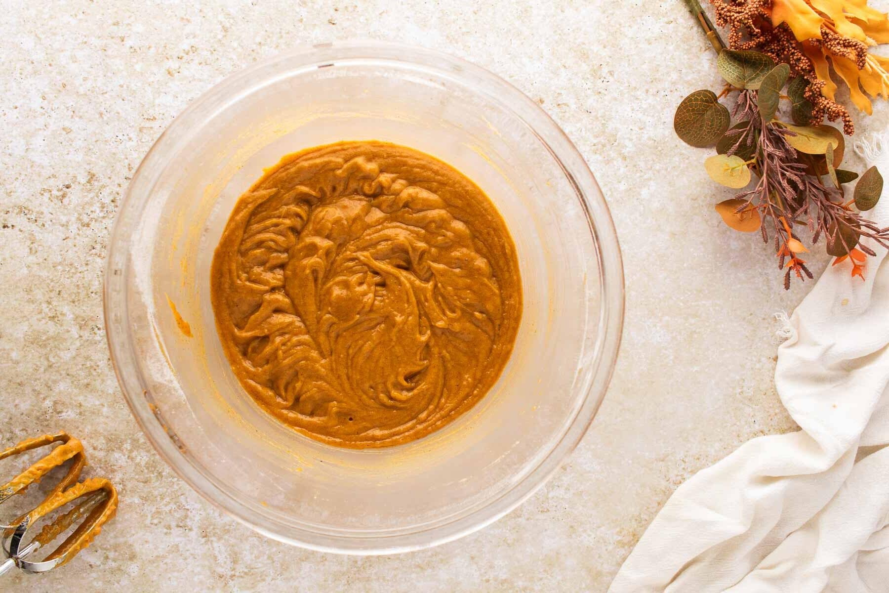 Pumpkin bars batter mixed together in a bowl.