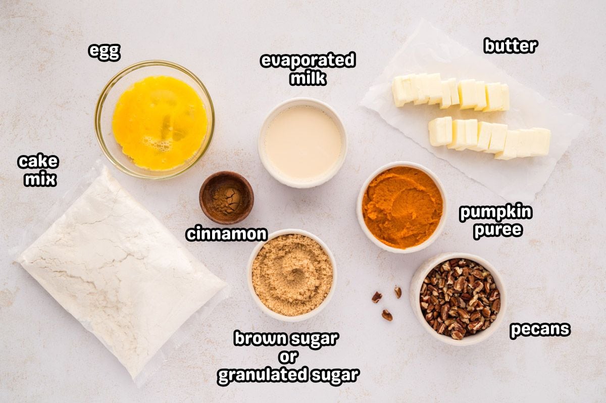 A labeled image of ingredients needed to make pumpkin dump cake.