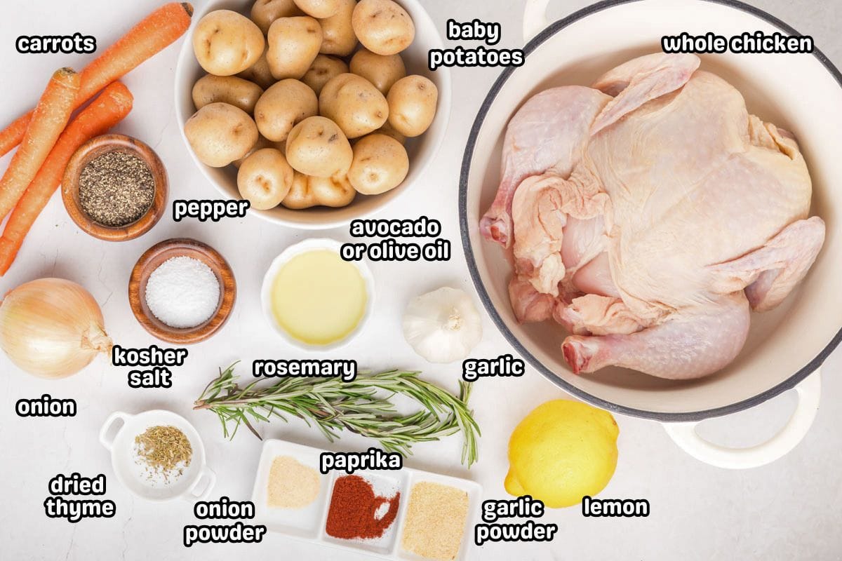 Ingredients needed to make a Dutch oven roasted whole chicken.