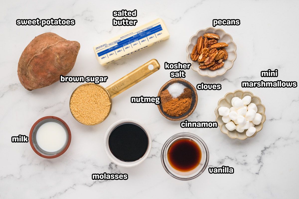 Ingredients needed to make slow cooker sweet potato casserole.