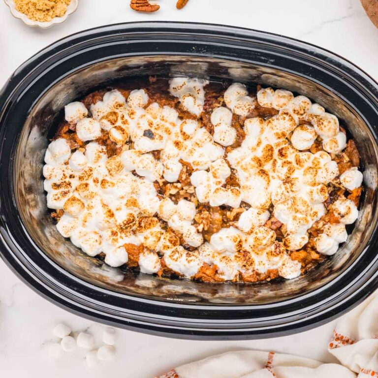 Overhead shot of a crockpot sweet potato casserole.