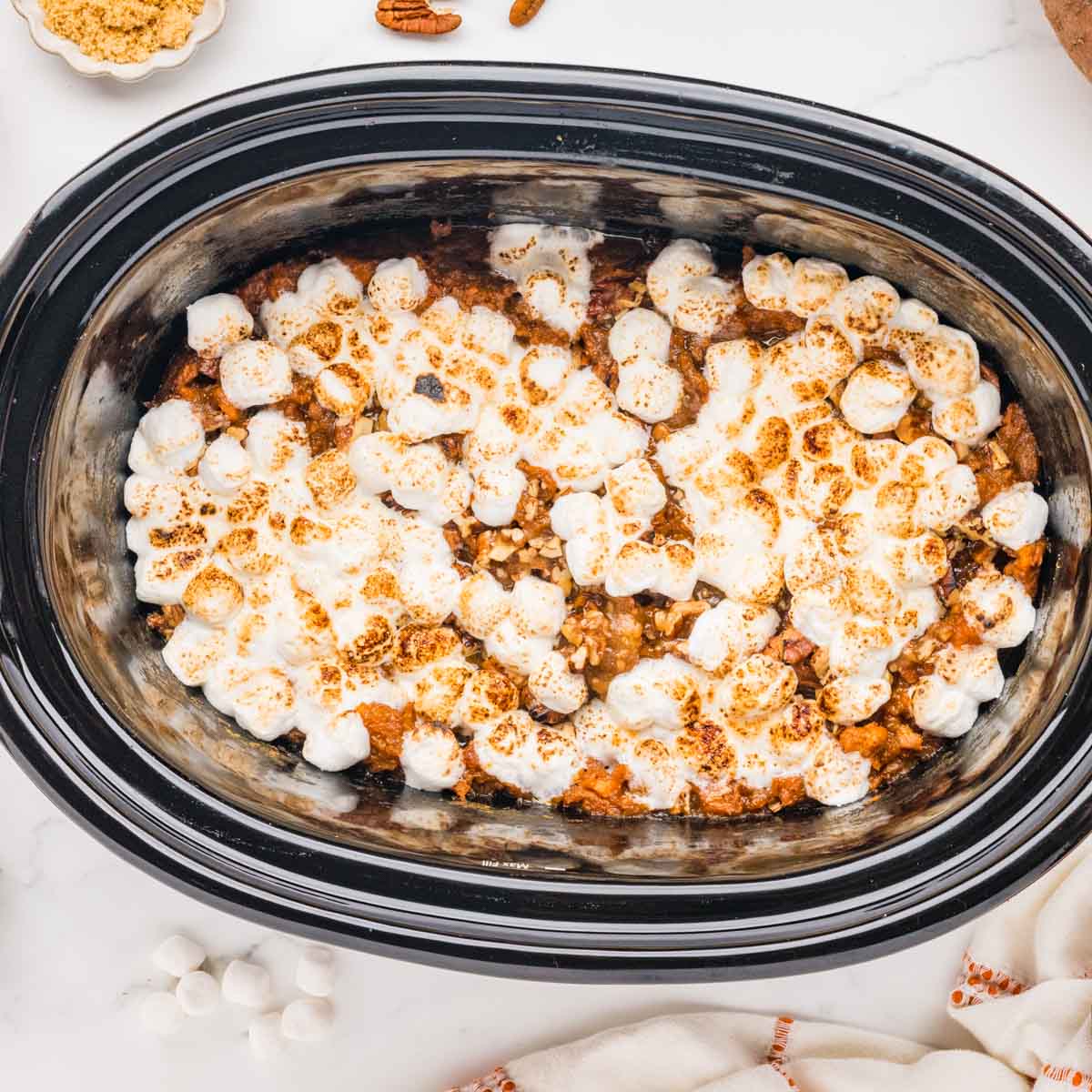 Overhead shot of a crockpot sweet potato casserole.